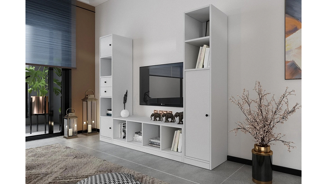 Модульная стенка Билли Айден 9 Белый Фасадный 0101 197*40*167 см, Белый   Фиеста