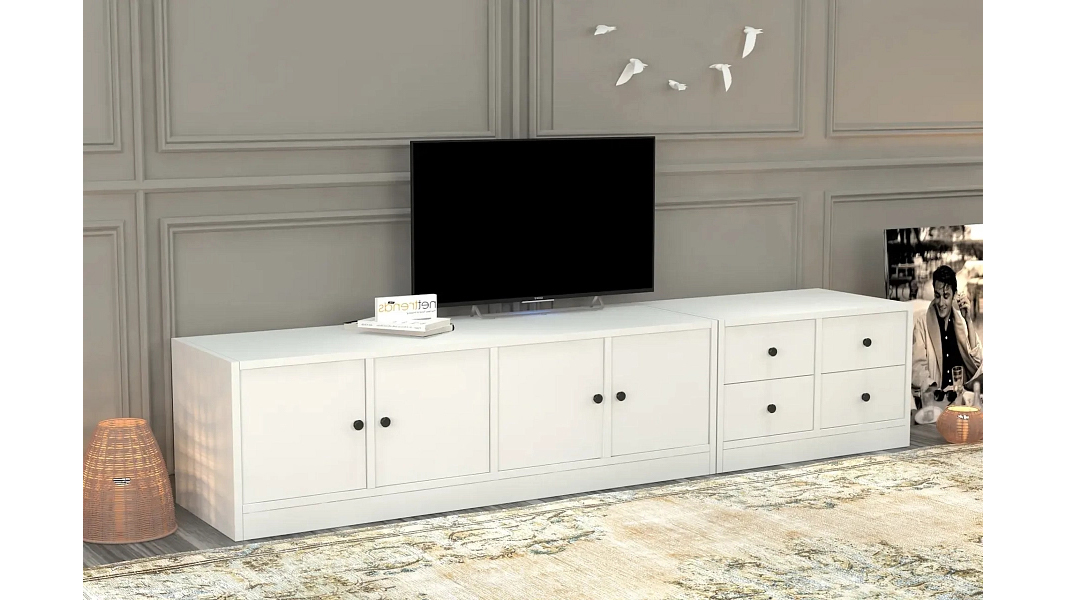 ТВ-тумба Билли Айден 2 Белый Фасадный 0101 193*40*40 см, Белый   Фиеста