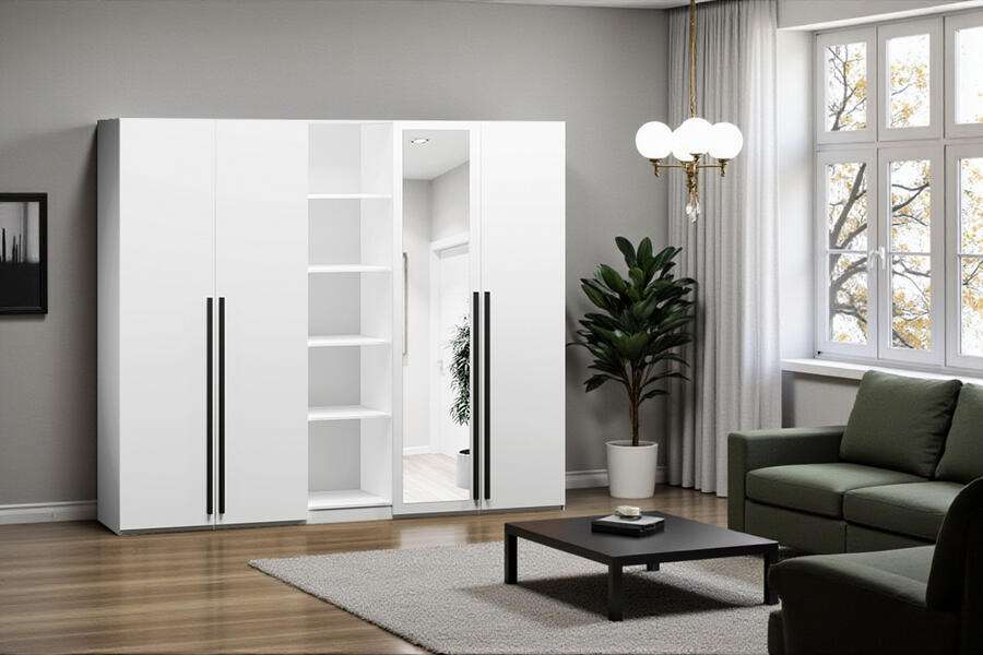 Распашной четырехсекционный шкаф Лорена Пакс-2.2 со стеллажом Белый Фасадный 0101 200*50*210 см, Белый   Фиеста