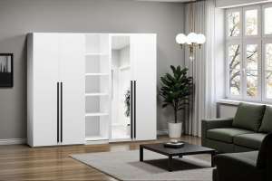 Распашной четырехсекционный шкаф Лорена Пакс-2.2 со стеллажом Белый Фасадный 0101 200*50*210 см, Белый   Фиеста