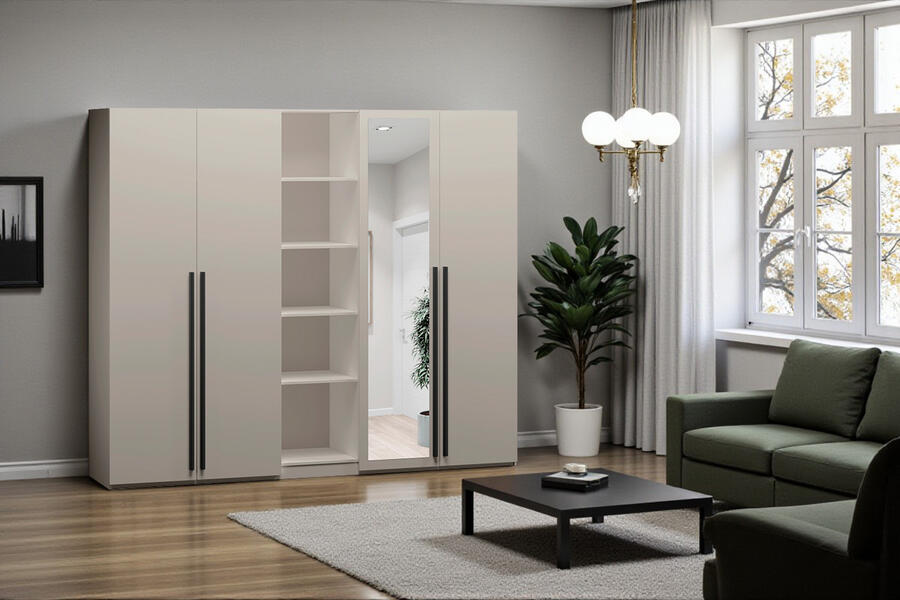 Распашной четырехсекционный шкаф Лорена Пакс-2.2 со стеллажом Кашемир 5981 BS 200*50*210 см, Бежевый   Фиеста