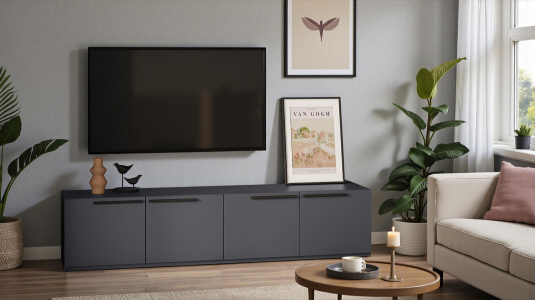 ТВ-тумба Лорена Пакс-1 Серый Графит 162 PE 220*43*37 см, Серый   Фиеста