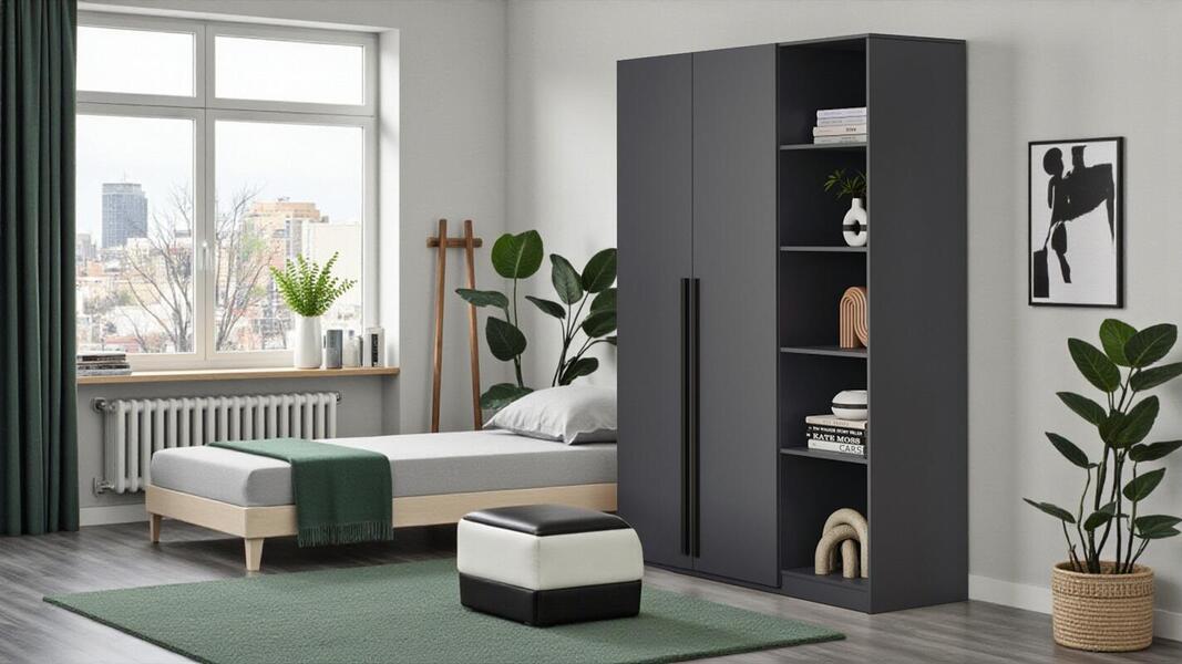 Распашной двухсекционный шкаф Лорена Пакс-2.1 со стеллажом Серый Графит 162 PE 120*50*210 см, Серый   Фиеста