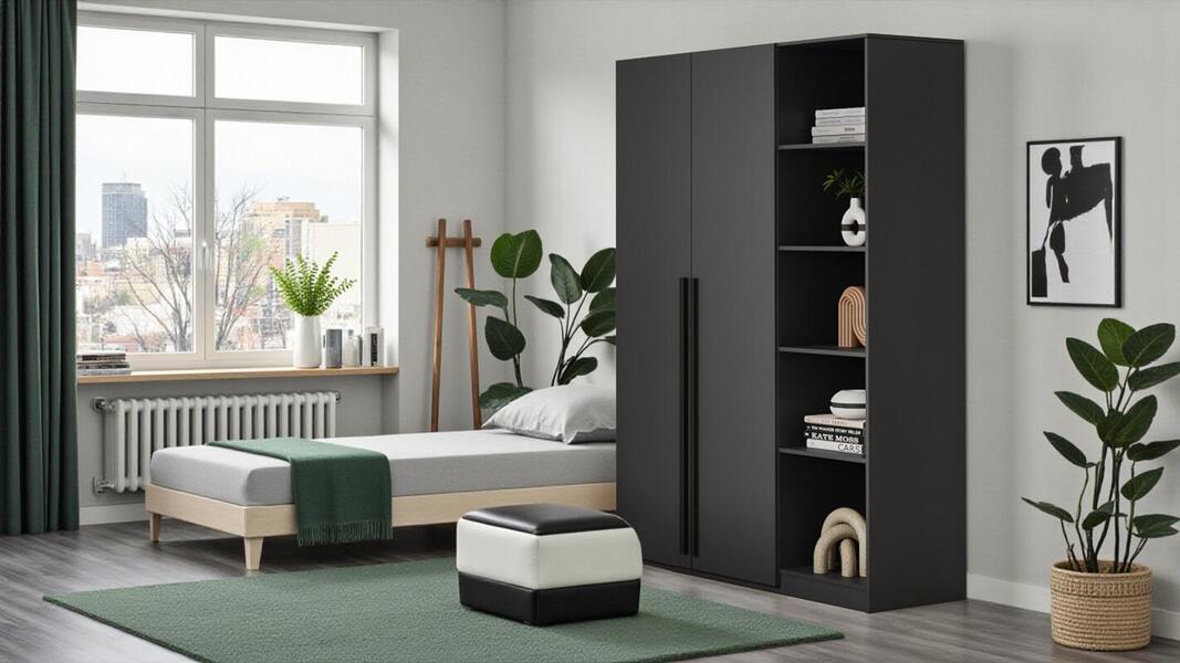 Распашной двухсекционный шкаф Лорена Пакс-2.1 со стеллажом Черный 0190 PE 120*50*210 см, Черный   Фиеста