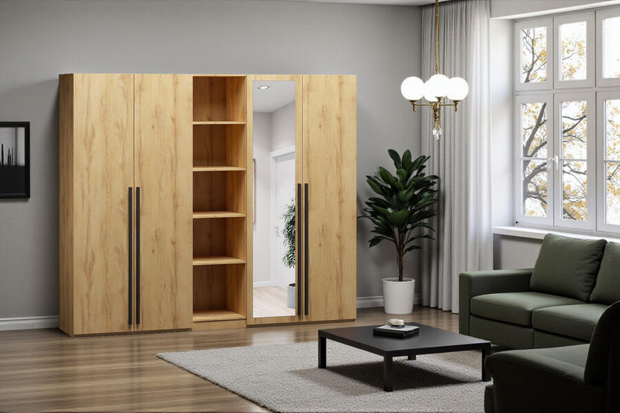 Распашной четырехсекционный шкаф Лорена Пакс-2.2 со стеллажом Дуб Золотистый U1148 200*50*210 см, Желтый   Фиеста