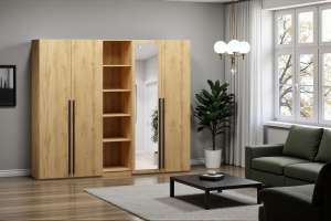 Распашной четырехсекционный шкаф Лорена Пакс-2.2 со стеллажом Дуб Золотистый U1148 200*50*210 см, Желтый   Фиеста