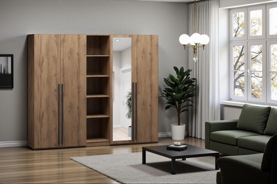 Распашной четырехсекционный шкаф Лорена Пакс-2.2 со стеллажом Дуб Табачный U1147 200*50*210 см, Коричневый   Фиеста