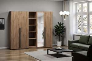 Распашной четырехсекционный шкаф Лорена Пакс-2.2 со стеллажом Дуб Табачный U1147 200*50*210 см, Коричневый   Фиеста