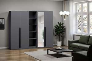 Распашной четырехсекционный шкаф Лорена Пакс-2.2 со стеллажом Серый Графит 162 PE 200*50*210 см, Серый   Фиеста