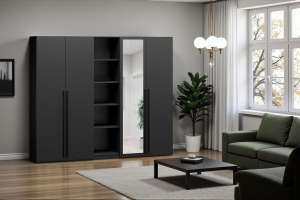 Распашной четырехсекционный шкаф Лорена Пакс-2.2 со стеллажом Черный 0190 PE 200*50*210 см, Черный   Фиеста