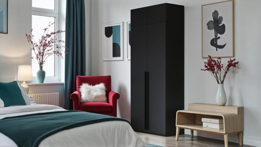 Распашной двухсекционный шкаф Лорена Пакс-2 с антресолью Черный 0190 PE 80*40*230 см, Черный   Фиеста