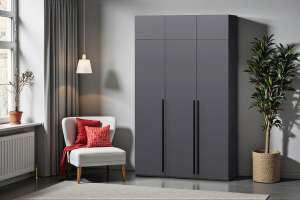 Распашной трехсекционный шкаф Лорена Пакс-3 с антресолью Серый Графит 162 PE 120*40*230 см, Серый   Фиеста