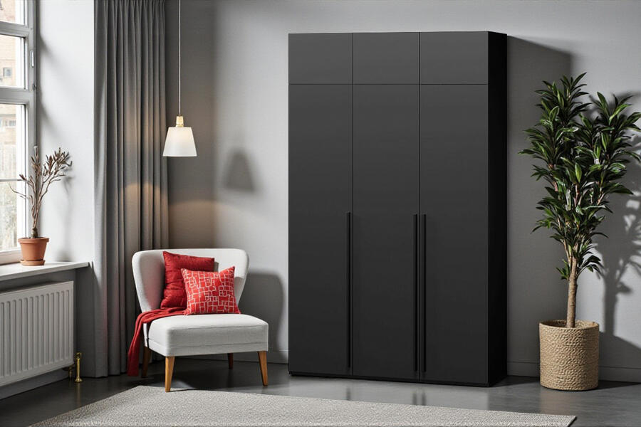 Распашной трехсекционный шкаф Лорена Пакс-3 с антресолью Черный 0190 PE 120*40*230 см, Черный   Фиеста