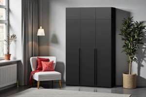 Распашной трехсекционный шкаф Лорена Пакс-3 с антресолью Черный 0190 PE 120*40*230 см, Черный   Фиеста