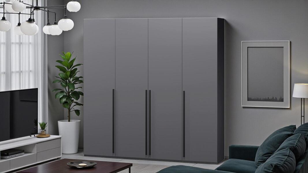 Распашной четырехсекционный шкаф Лорена Пакс-4 Серый Графит 162 PE 160*40*200 см, Серый   Фиеста
