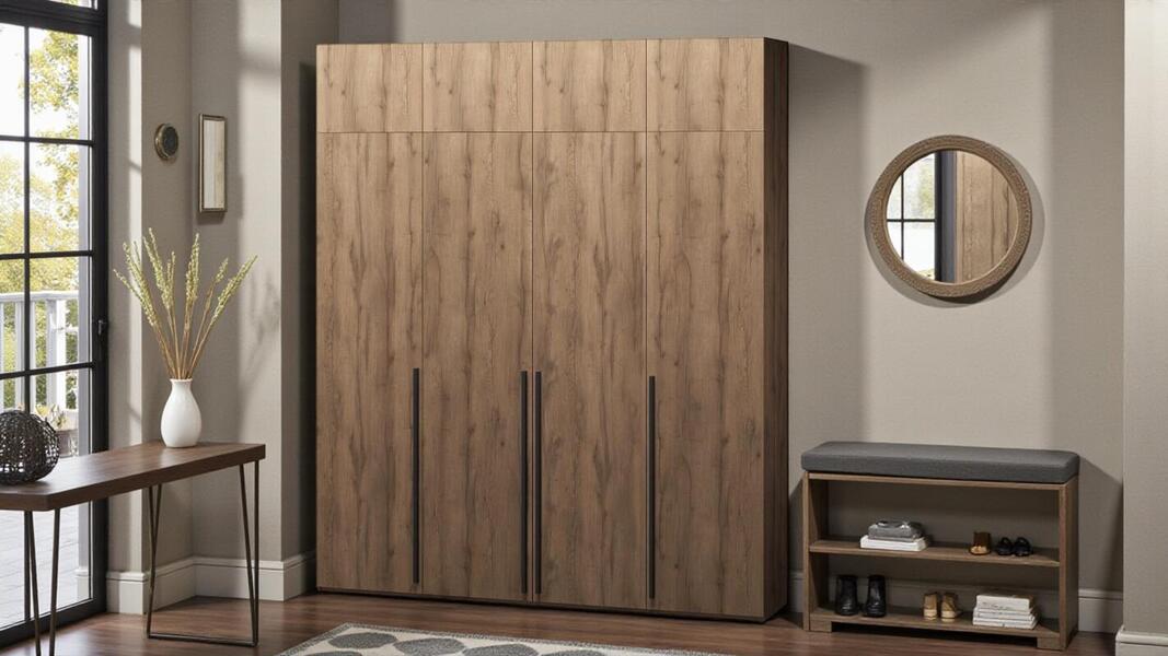 Распашной четырехсекционный шкаф Лорена Пакс-4 с антресолью Дуб Табачный U1147 160*40*230 см, Коричневый   Фиеста