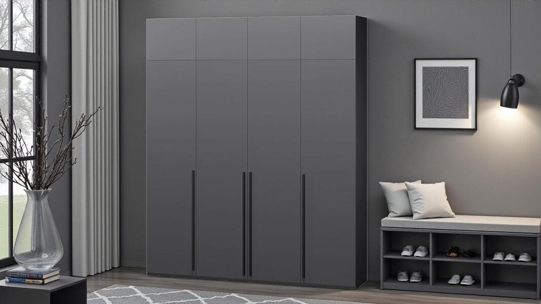 Распашной четырехсекционный шкаф Лорена Пакс-4 с антресолью Серый Графит 162 PE 160*40*230 см, Серый   Фиеста