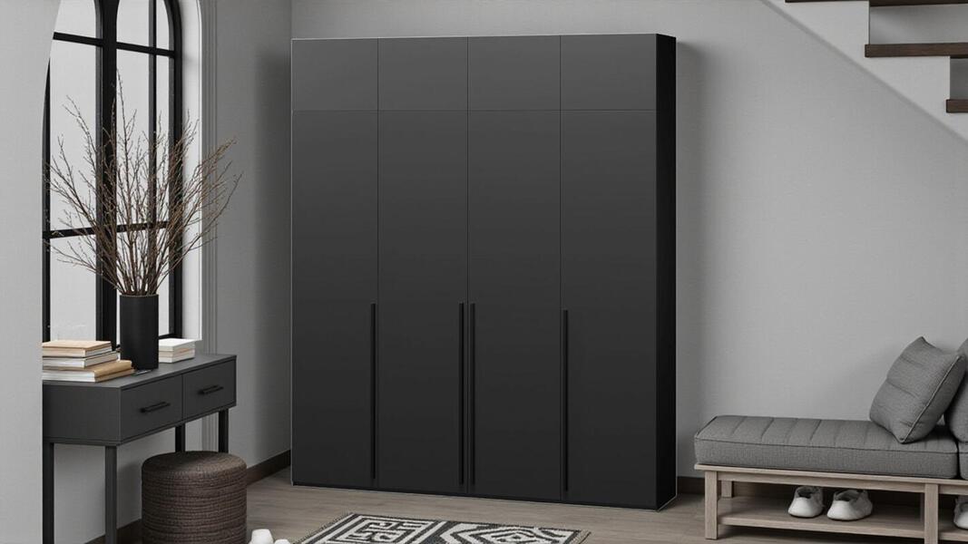 Распашной четырехсекционный шкаф Лорена Пакс-4 с антресолью Черный 0190 PE 160*40*230 см, Черный   Фиеста