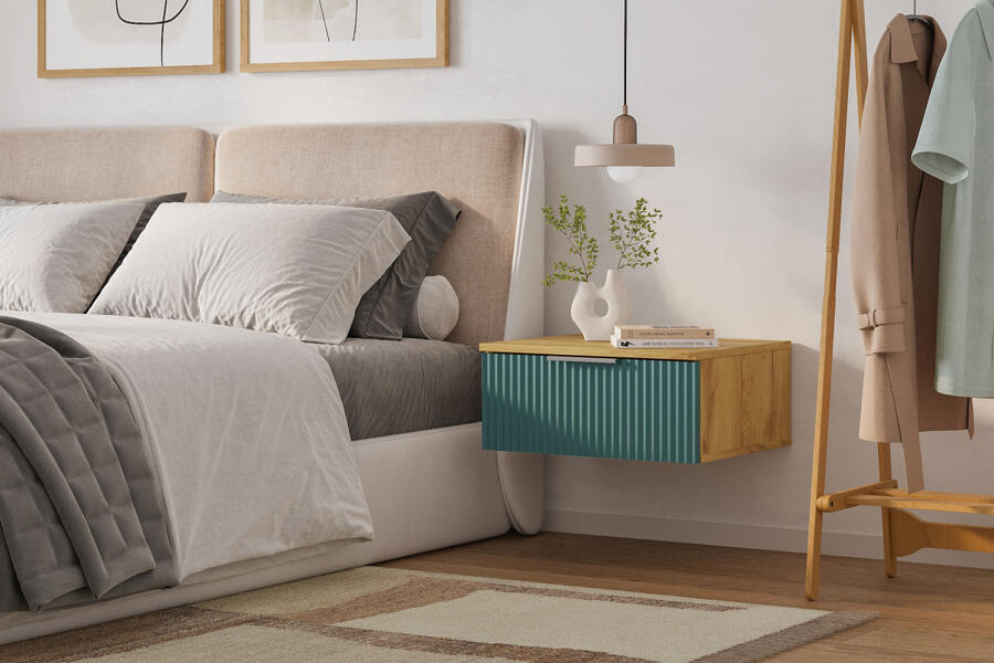 Прикроватная подвесная тумба Салерно 1 (МДФ) SF-013 Аквамарин Дуб Золотистый U1148 49*42*22 см, Зеленый   Фиеста