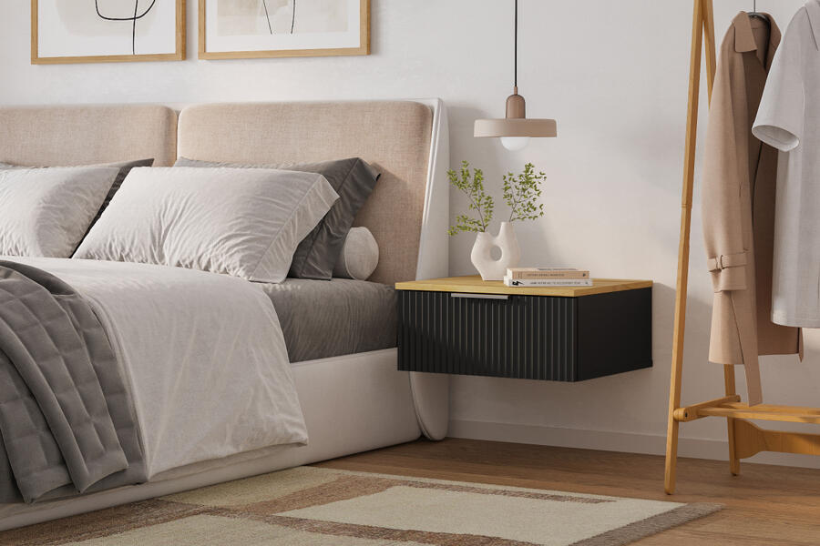 Прикроватная подвесная тумба Салерно 1 (МДФ) 23006 Софт Черный агат Черный 0190 PE 49*42*22 см, Черный   Фиеста