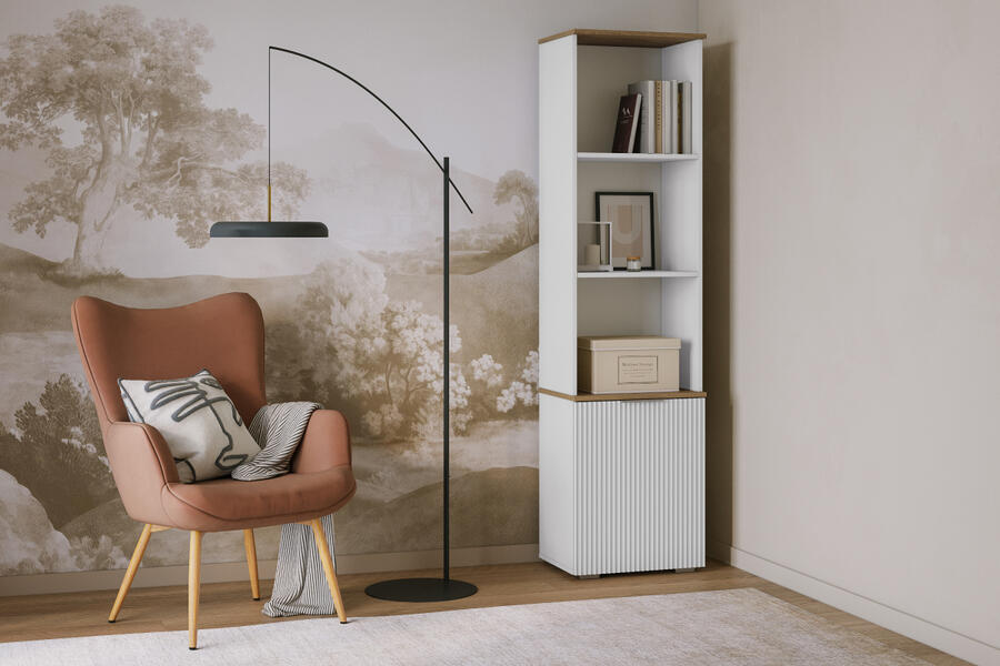 Стеллаж Салерно 1 (МДФ) SF-027 Лотос Белый Снег 8685 BS 49*36*190 см, Белый   Фиеста