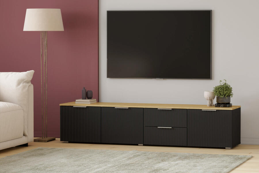 ТВ-тумба Салерно 1 (МДФ) 23006 Софт Черный агат Черный 0190 PE 197*42*43 см, Черный   Фиеста