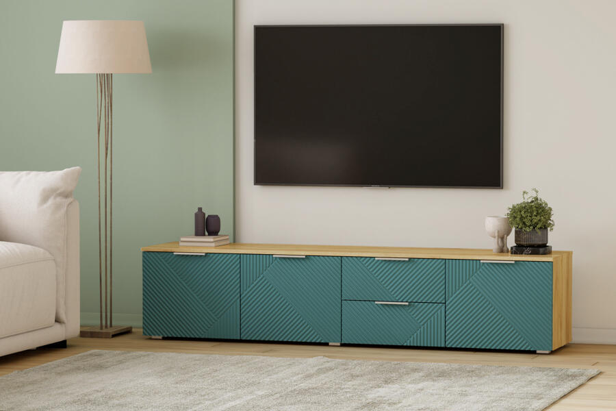 ТВ-тумба Салерно NEW 1 (МДФ) SF-013 Аквамарин Дуб Золотистый U1148 197*42*43 см, Зеленый   Фиеста