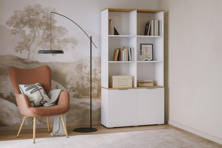 Стеллаж Салерно 2 (МДФ) SF-027 Лотос Белый Снег 8685 BS 98*36*190 см, Белый   Фиеста