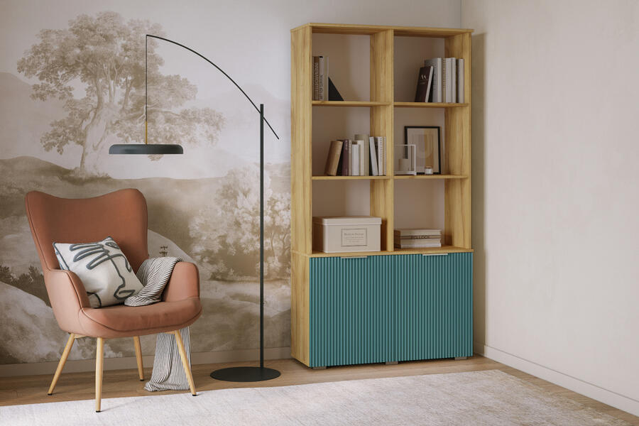 Стеллаж Салерно 2 (МДФ) SF-013 Аквамарин Дуб Золотистый U1148 98*36*190 см, Зеленый   Фиеста