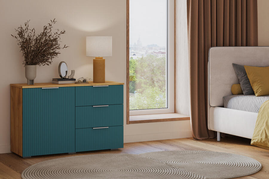 Комод Салерно 3 (МДФ) SF-013 Аквамарин Дуб Золотистый U1148 98*46*64 см, Зеленый   Фиеста