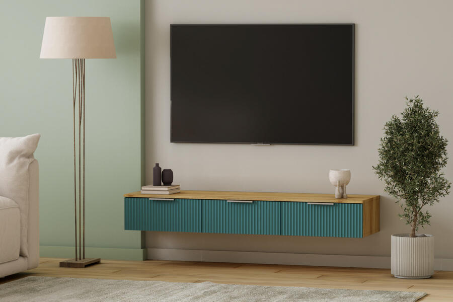 ТВ-тумба Салерно 3 (МДФ) SF-013 Аквамарин Дуб Золотистый U1148 148*42*22 см, Зеленый   Фиеста