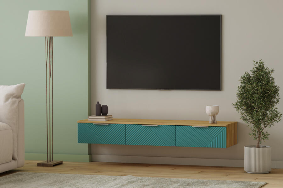 ТВ-тумба Салерно NEW 3 (МДФ) SF-013 Аквамарин Дуб Золотистый U1148 148*42*220 см, Зеленый   Фиеста