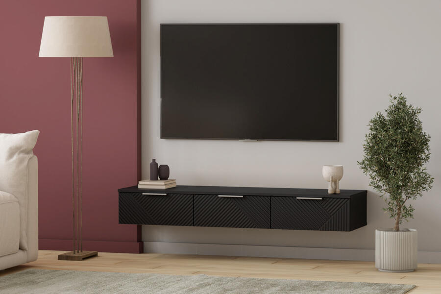 ТВ-тумба Салерно NEW 3 (МДФ) 23006 Софт Черный агат Черный 0190 PE 148*42*220 см, Черный   Фиеста