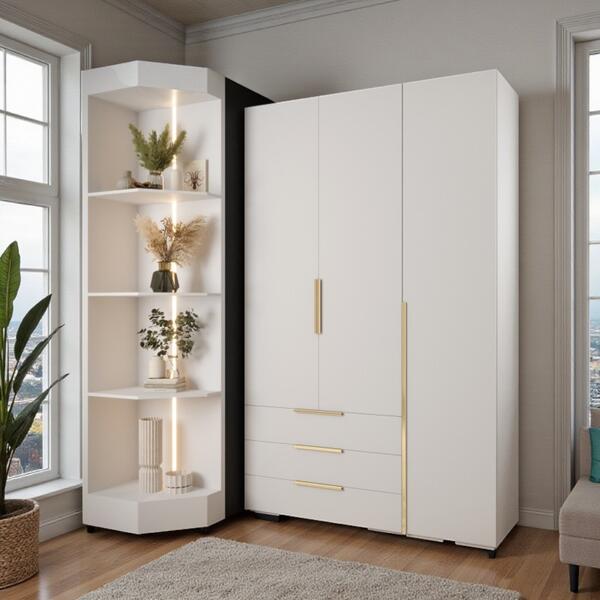 Распашной трехсекционный шкаф Мори - 6 (с 3 ящиками) Белый Снег 8685 BS (120*45*260 см) (214141) 120*45*260 см, Белый   Фиеста в наличии