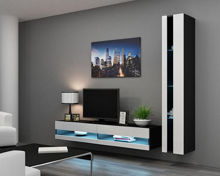 Гостиная Виго нью 9 Белый Фасадный 0101 / Черный 0190 220*42*180 см, Белый   Фиеста