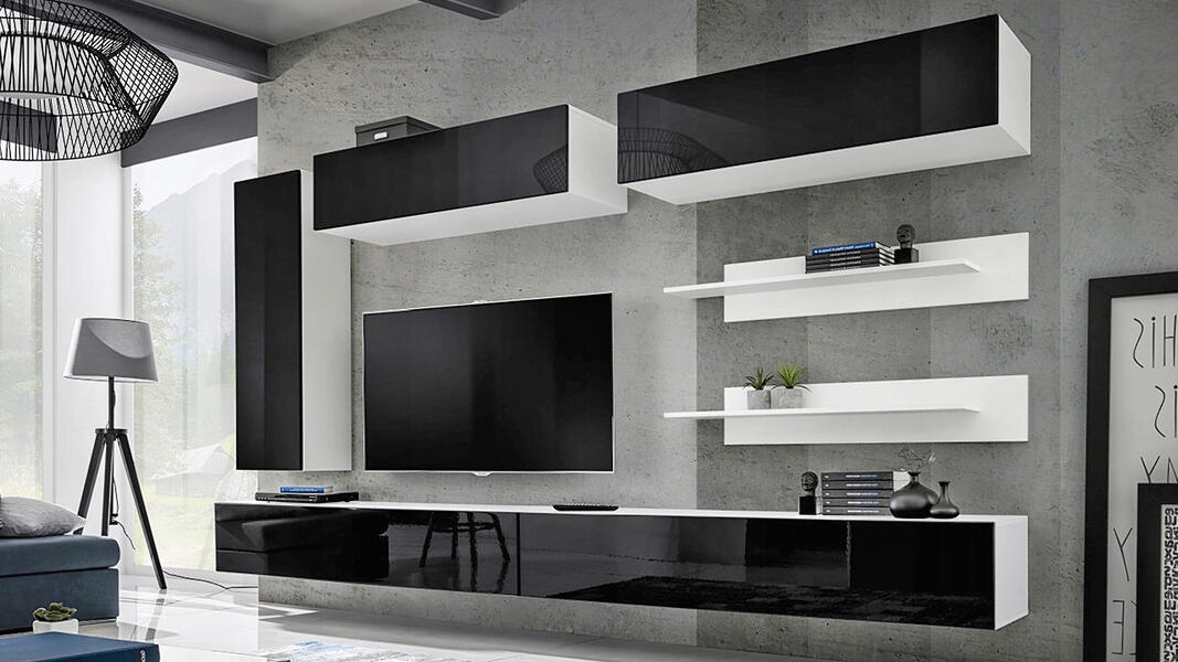 Гостиная 30 МДФ Черный DM089-6Т (глянец) / Белый Фасадный 0101 PE 320*40*180 см,    Фиеста