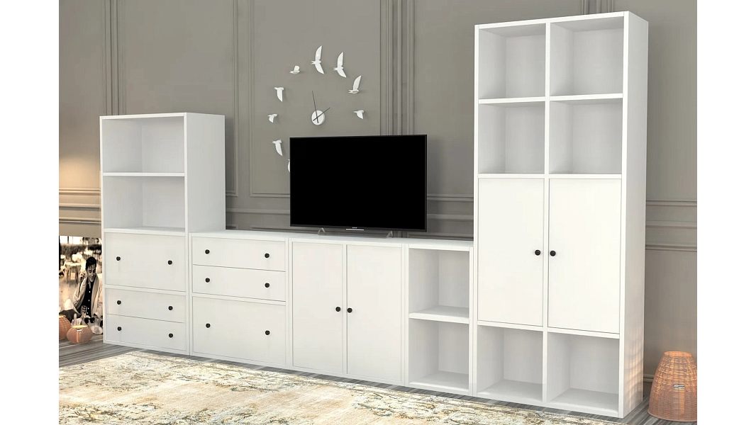 Модульная стенка Билли Айден 1 Белый Фасадный 0101 295*30*160 см, Белый   Фиеста