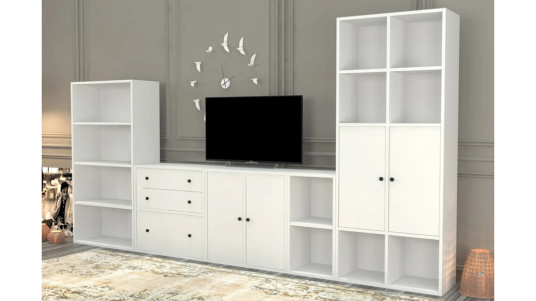 Модульная стенка Билли Айден 2 Белый Фасадный 0101 293*30*160 см, Белый   Фиеста