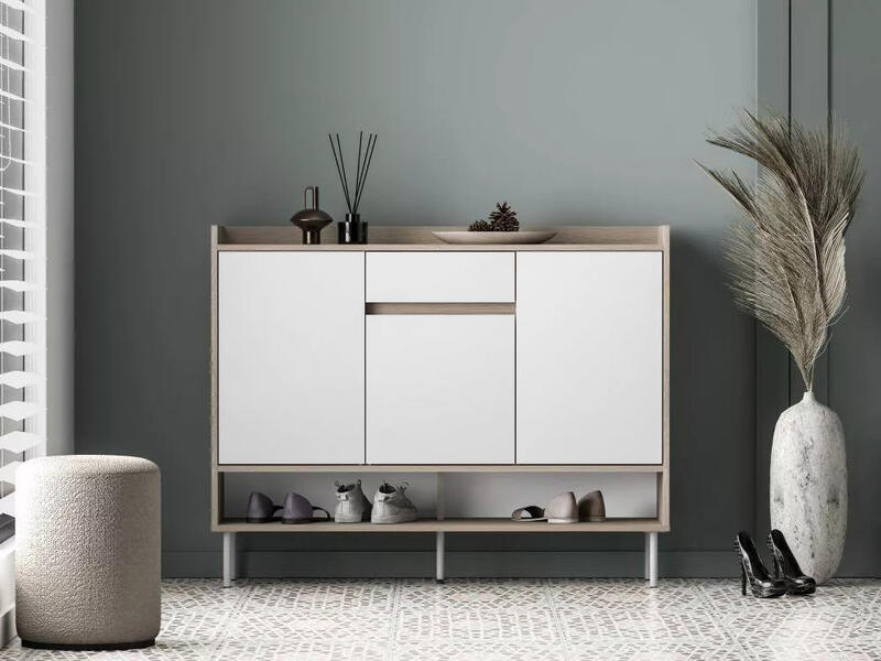 Обувница Джени 02 Белый Снег 8685 BS  Дуб Сонома Светлый 3025 PR 120*34*95 см, Белый   Фиеста