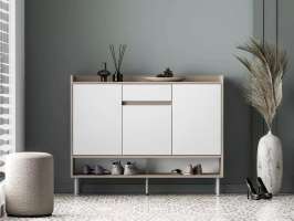 Обувница Джени 02 Белый Снег 8685 BS  Дуб Сонома Светлый 3025 PR 120*34*95 см, Белый   Фиеста