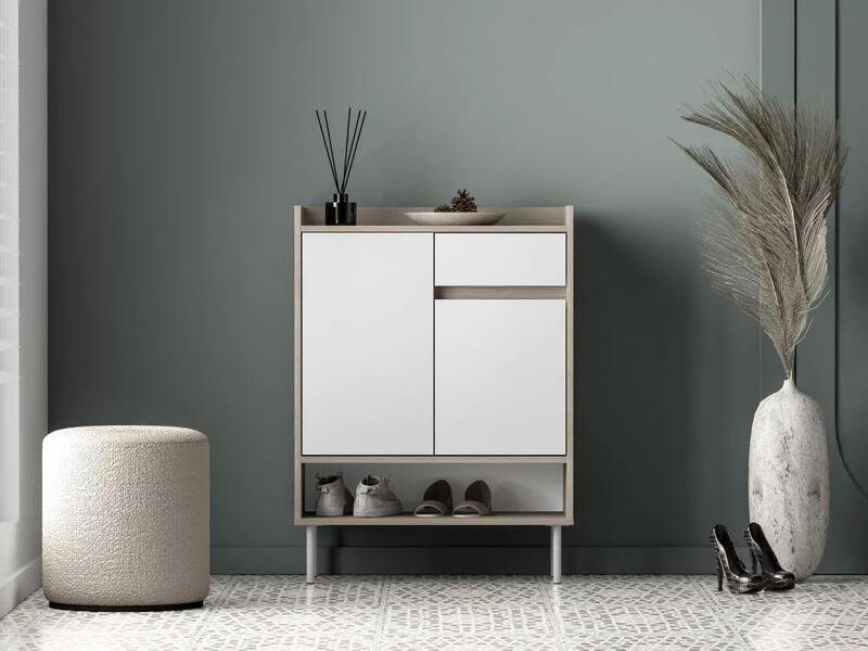 Обувница Джени 03 Белый Снег 8685 BS  Дуб Сонома Светлый 3025 PR 70*34*95 см, Белый   Фиеста