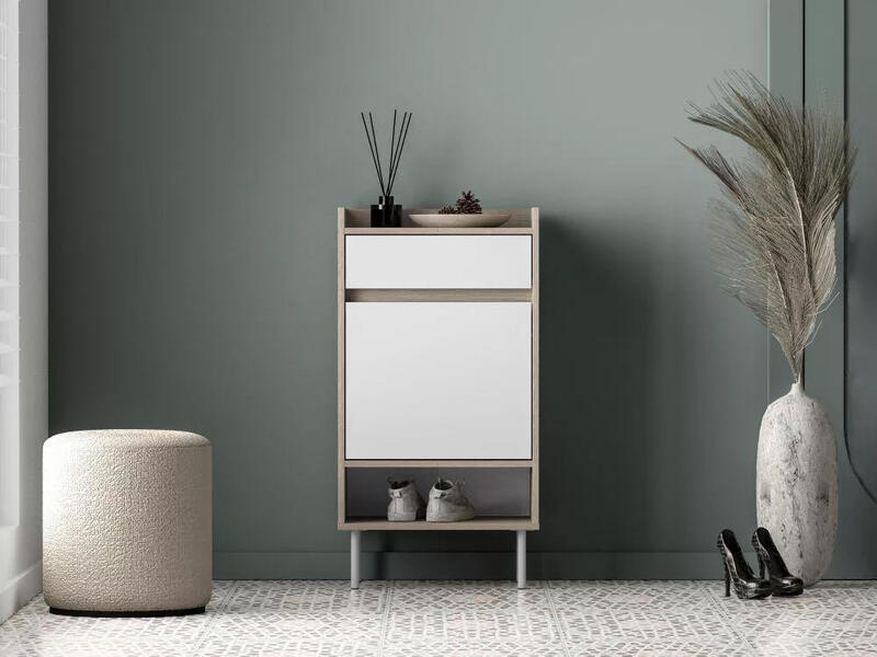 Обувница Джени 04 Белый Снег 8685 BS  Дуб Сонома Светлый 3025 PR 50*34*95 см, Белый   Фиеста