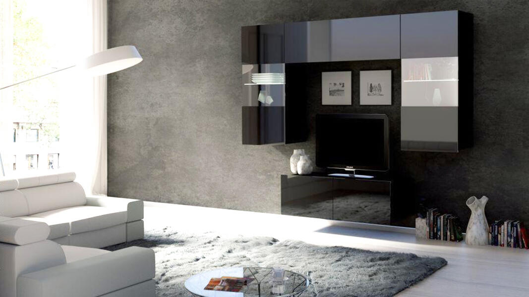 Модульная гостиная Порту 10 МДФ (черная) 195*200*43 см, Черный   Фиеста