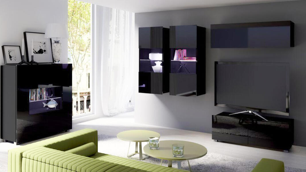 Модульная гостиная Порту 12 МДФ (черная) 340*200*43 см, Черный   Фиеста