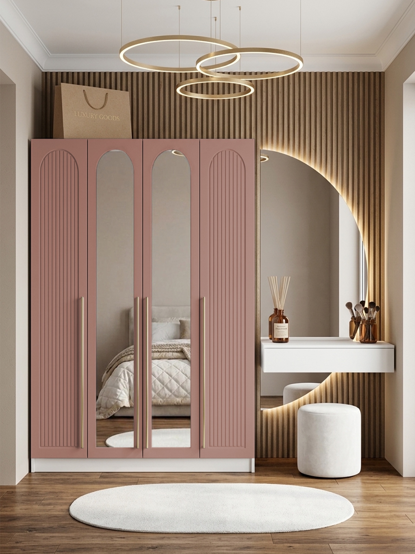 Шкаф Аркейн 4-д с зеркалом МДФ (Лайн бохо / Белый)  240*60*200 